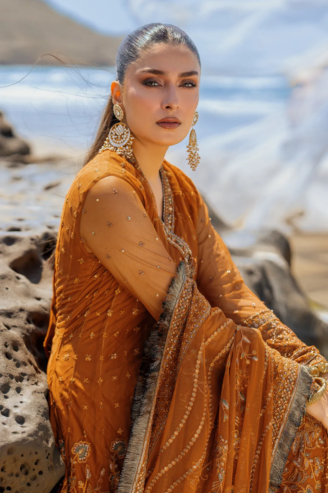 Rust Red Embroidered Pakistani Wedding Dress Angrakha Style Pishwas