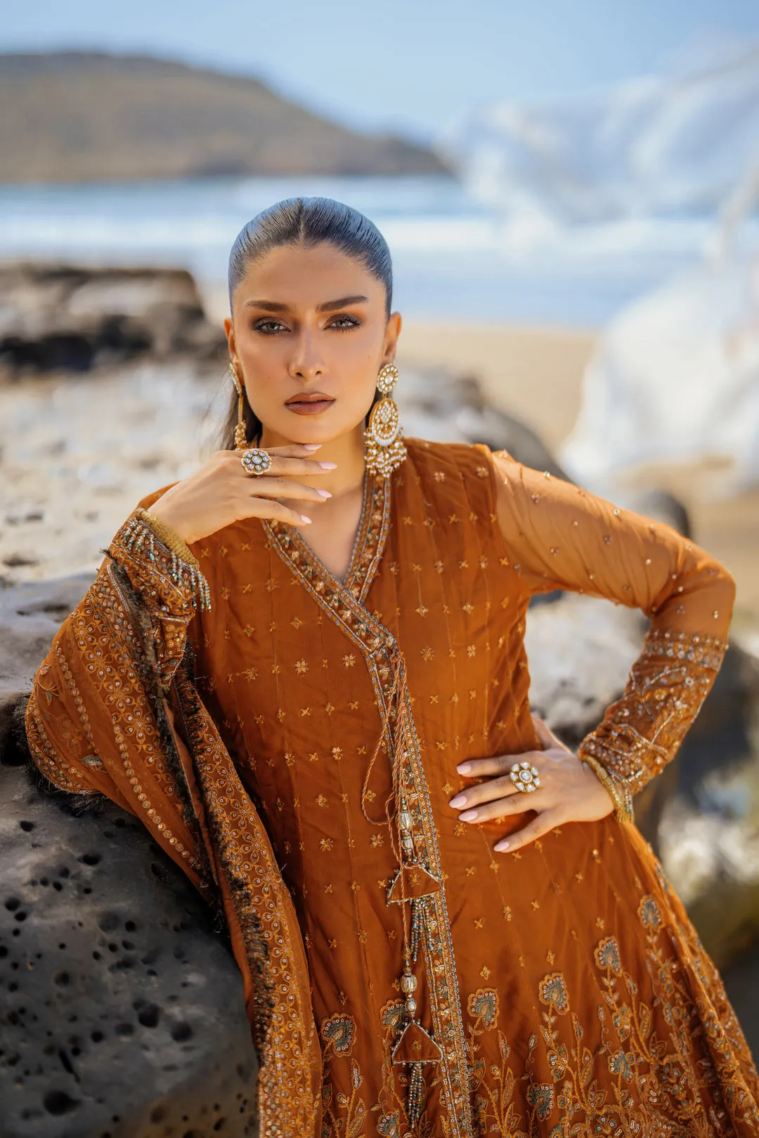 Rust Red Embroidered Pakistani Wedding Dress Angrakha Style Pishwas
