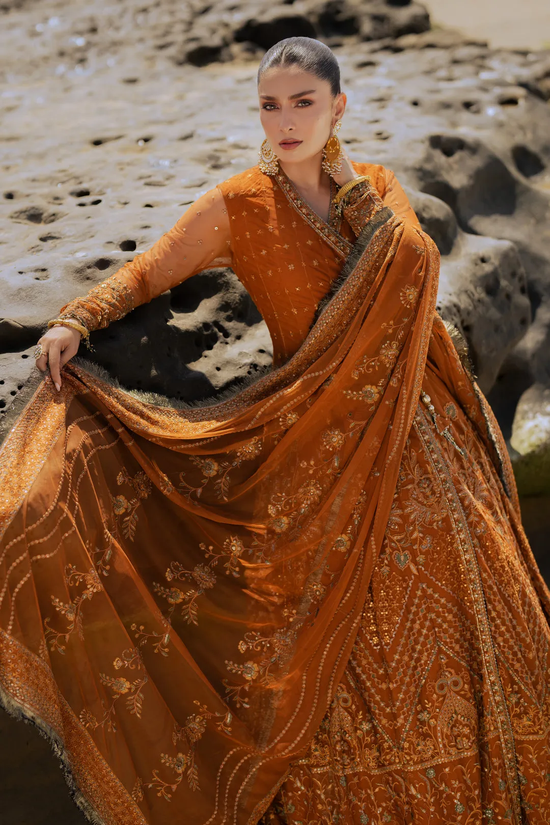 Rust Red Embroidered Pakistani Wedding Dress Angrakha Style Pishwas