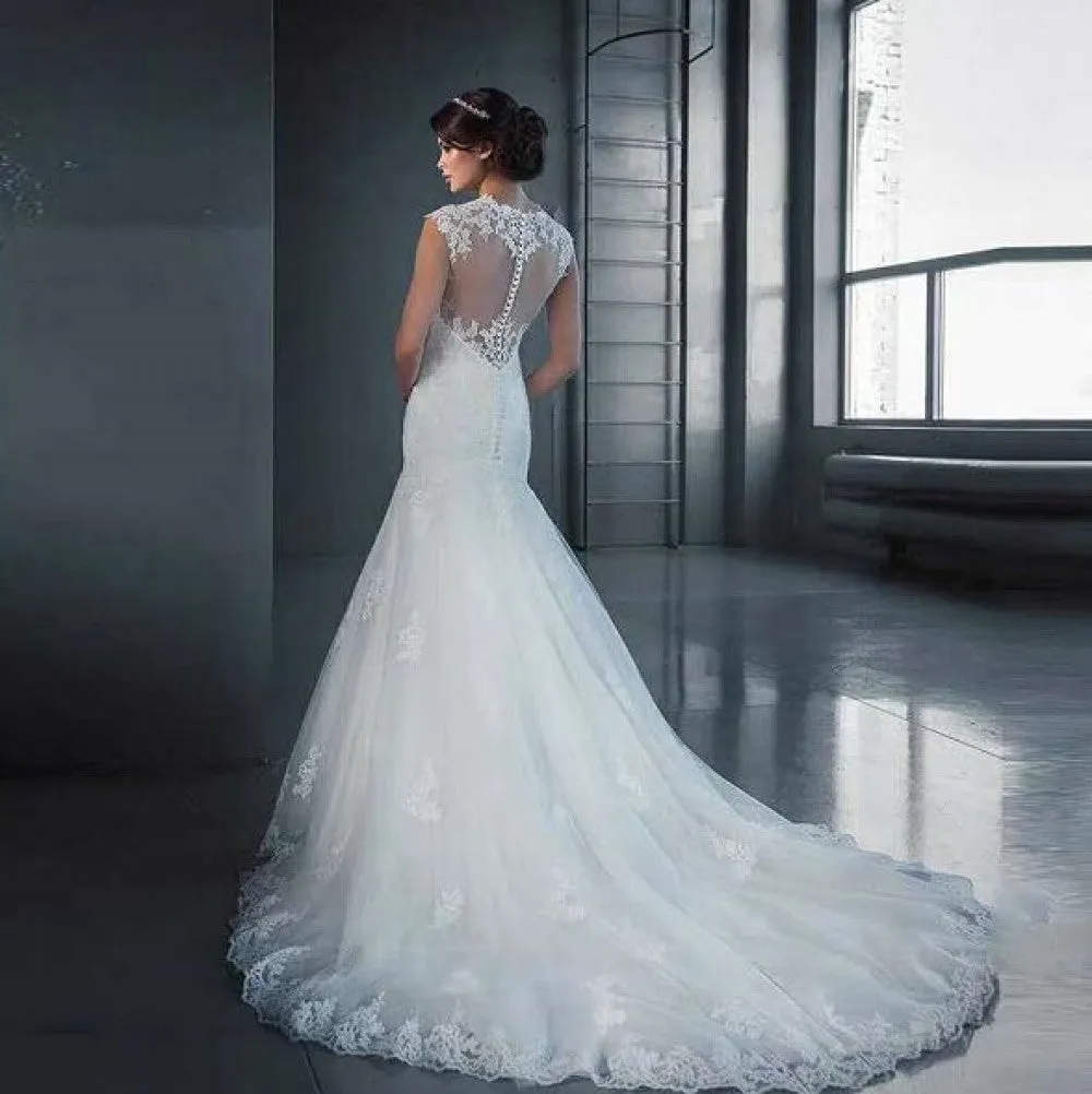 sd-hk White Mermaid Wedding Dress Lace Hollow Out Bride Prom Gowns