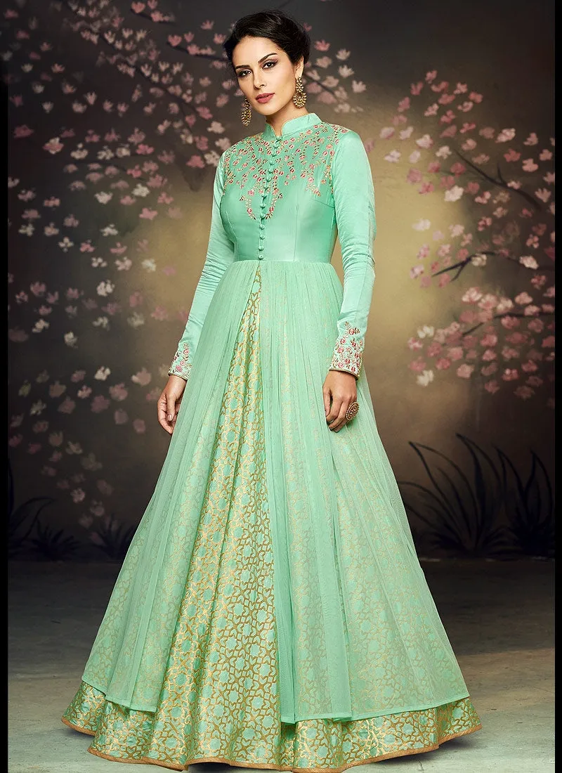 Sea Green Double Layered Embroidered Anarkali Suit