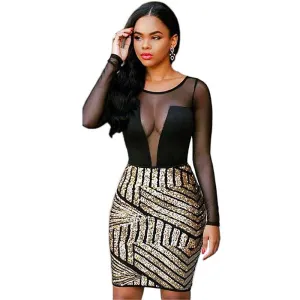 Sequined Black Mesh Patchwork Stretch Sheer Lace Dress