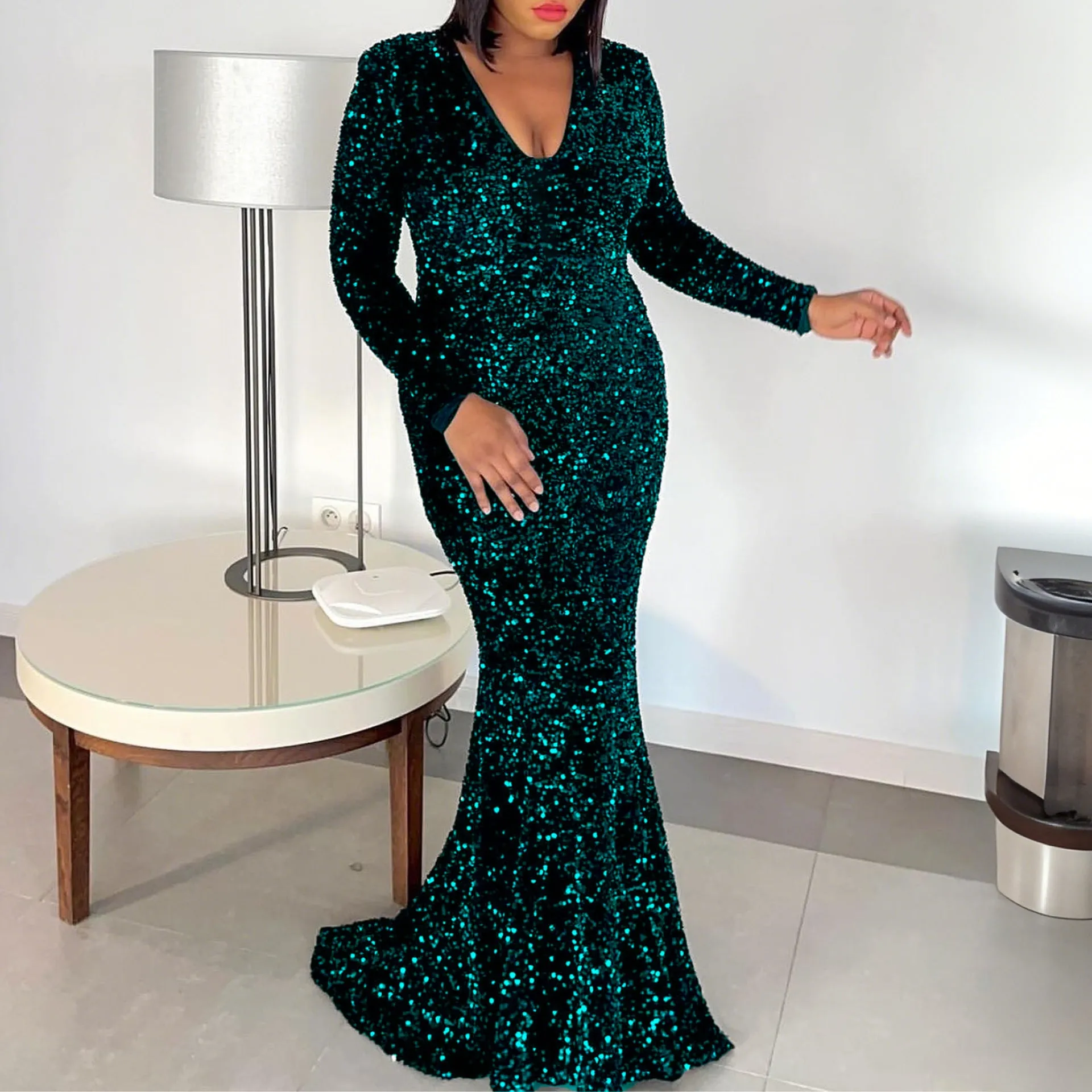 Sequined Fishtail Evening Gown