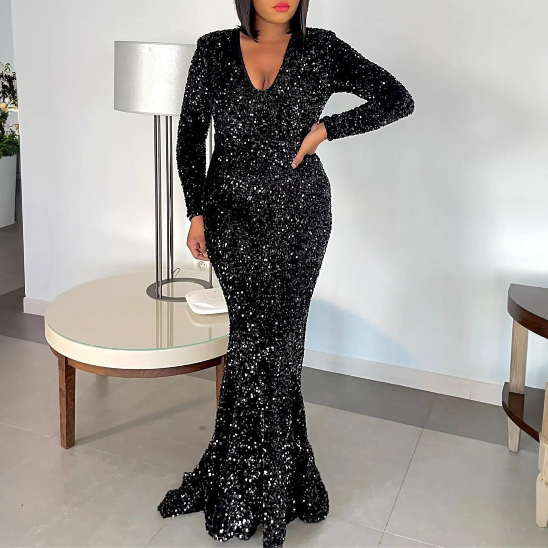 Sequined Fishtail Evening Gown