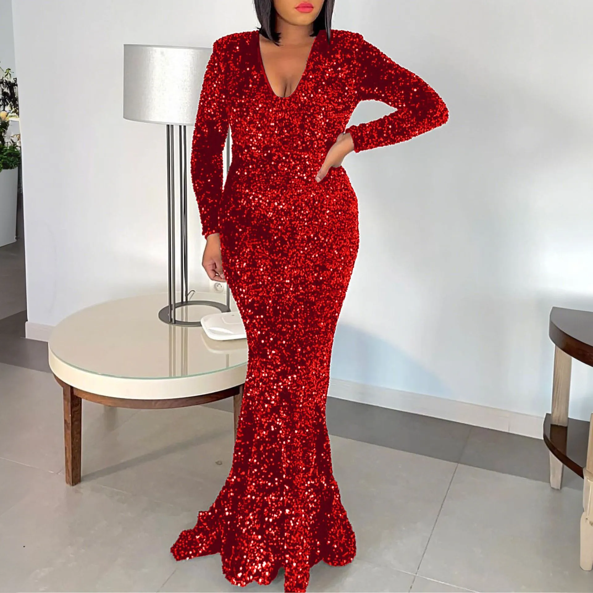 Sequined Fishtail Evening Gown