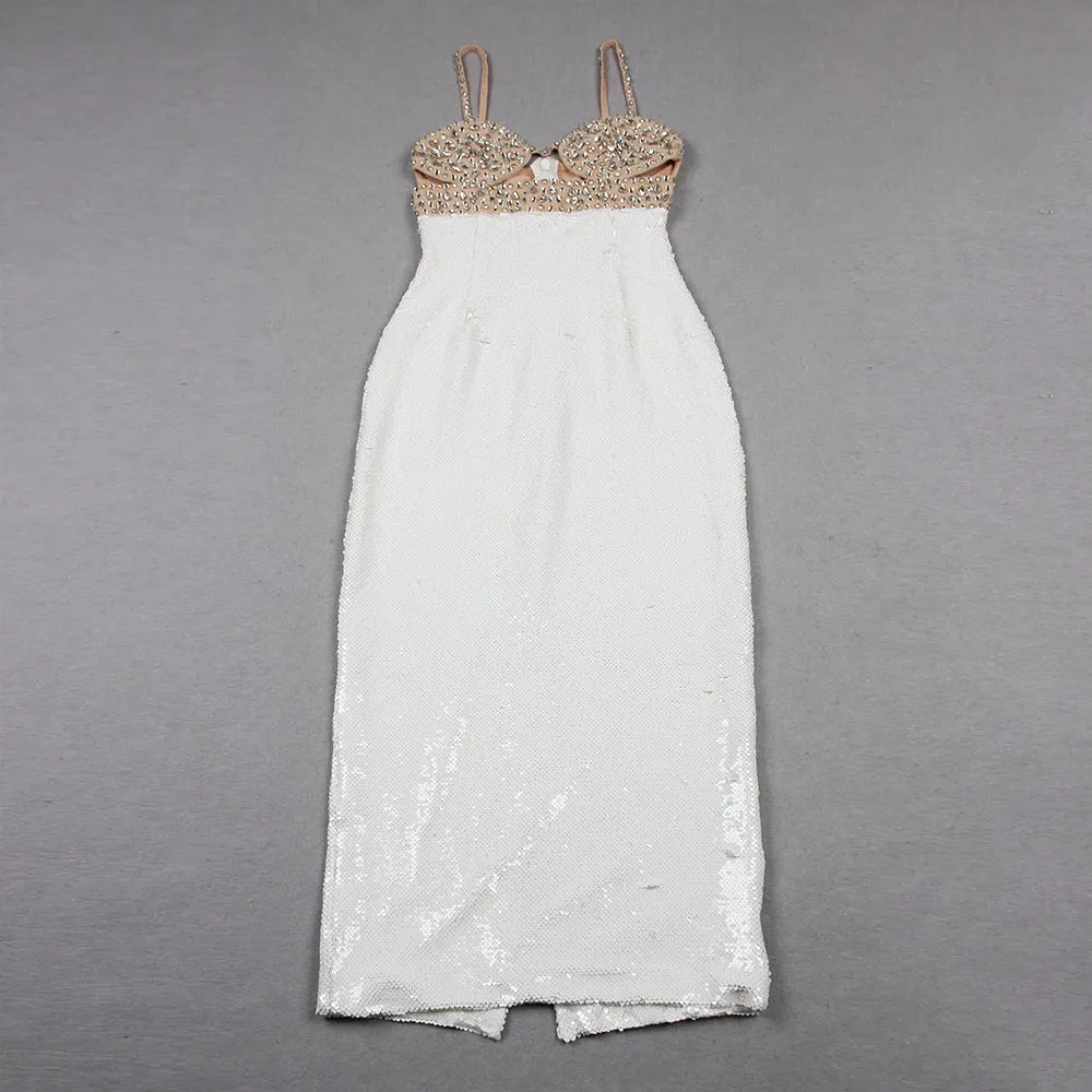 Sexy Hollow Out Sequined Prom Bodycon Bandage Dress Midi Luxury Diamond Sleeveless Runway Cocktail Celebrity Evening Party Dress