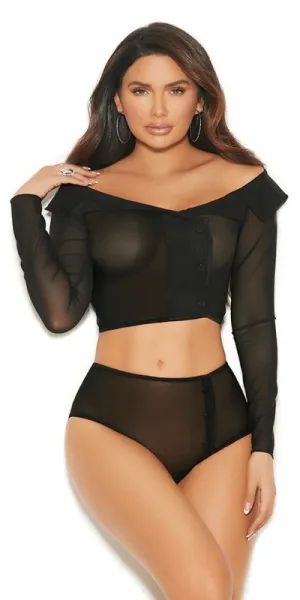 Sexy Secret Black Mesh Off Shoulder Top and Ruched Panty
