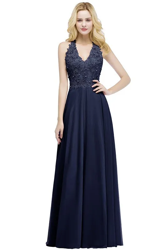 Sexy V Neck Dusty Rose Lace Chiffon Long Evening Dress Elegant Sleeveless Evening Gowns With Pearls Abendkleid
