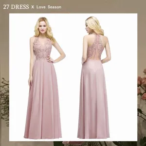 Sexy V Neck Dusty Rose Lace Chiffon Long Evening Dress Elegant Sleeveless Evening Gowns With Pearls Abendkleid