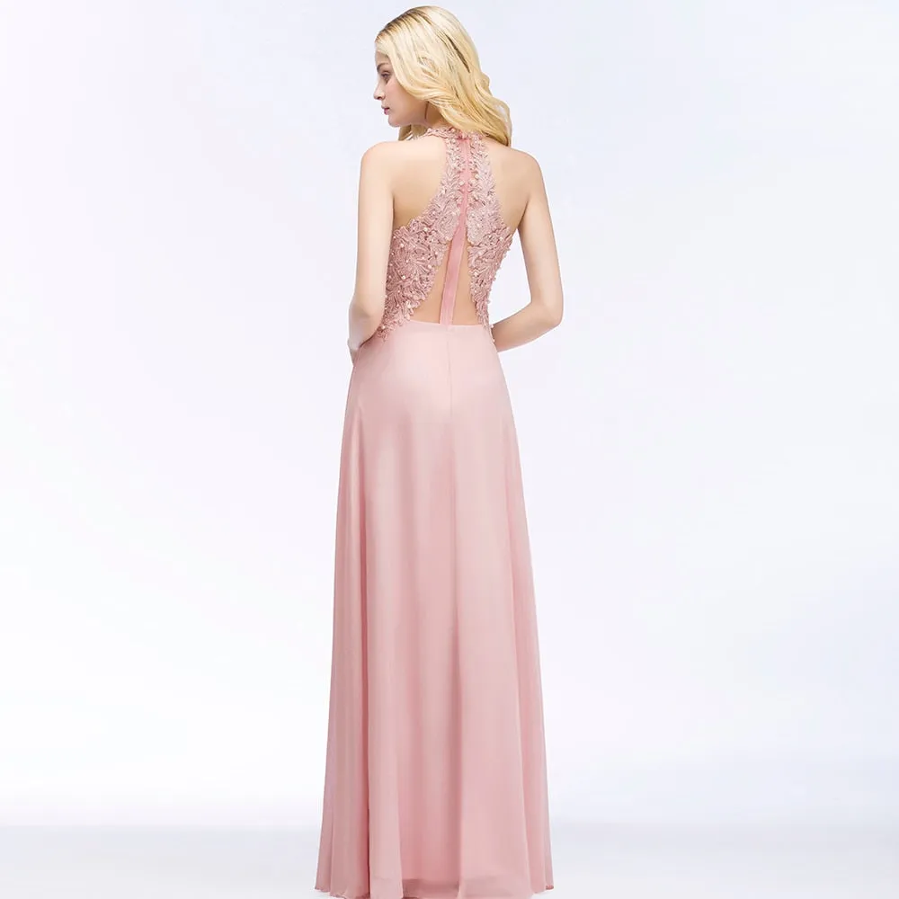 Sexy V Neck Dusty Rose Lace Chiffon Long Evening Dress Elegant Sleeveless Evening Gowns With Pearls Abendkleid