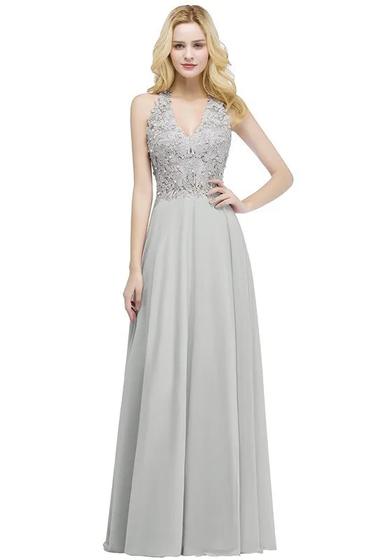 Sexy V Neck Dusty Rose Lace Chiffon Long Evening Dress Elegant Sleeveless Evening Gowns With Pearls Abendkleid