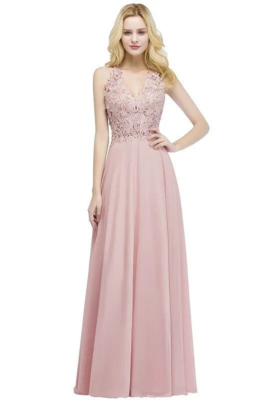 Sexy V Neck Dusty Rose Lace Chiffon Long Evening Dress Elegant Sleeveless Evening Gowns With Pearls Abendkleid