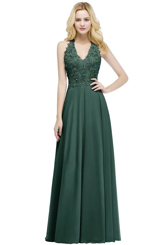 Sexy V Neck Dusty Rose Lace Chiffon Long Evening Dress Elegant Sleeveless Evening Gowns With Pearls Abendkleid