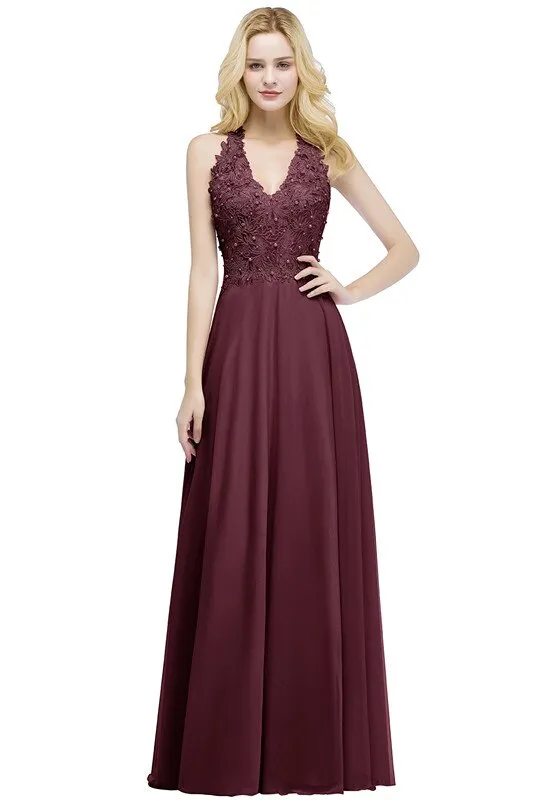 Sexy V Neck Dusty Rose Lace Chiffon Long Evening Dress Elegant Sleeveless Evening Gowns With Pearls Abendkleid
