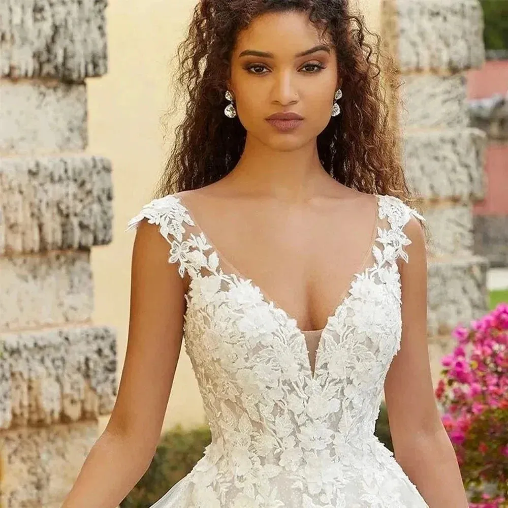 Sexy V Neck Vestidos De Novia Customized Open Back Lace BoHo Wedding Dresses Appliques Vestido De Noiva