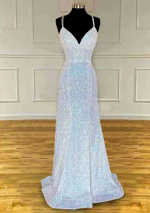 Sheath/Column V Neck Spaghetti Straps Sweep Train Sequined Prom Dresses With Pleated