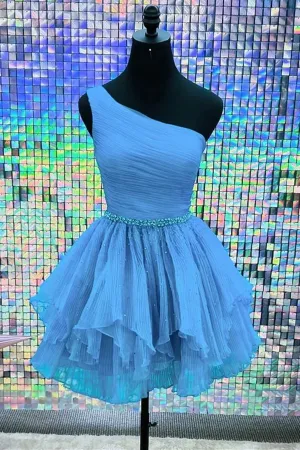 Shiny One Shoulder Blue Tulle Short Prom Dresses with Belt, Homecoming Dresses APH0272
