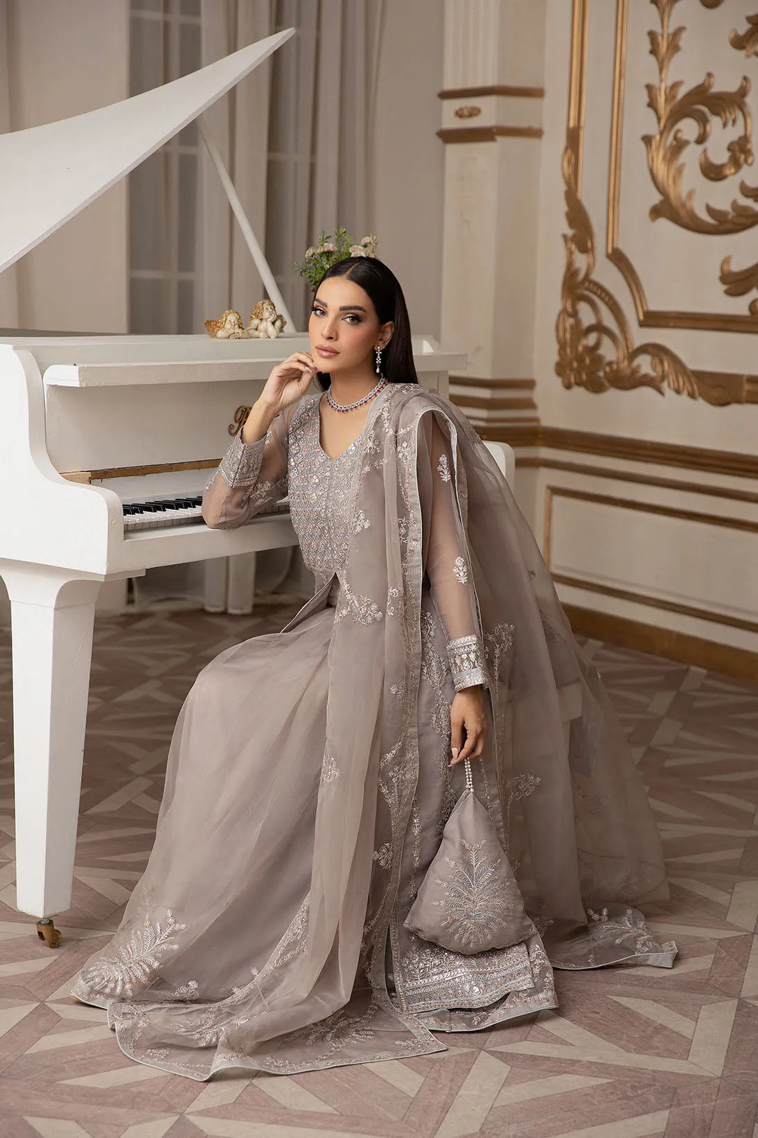 Silver Grey Heavily Embellished Gown Frock Pakistani Wedding Dress