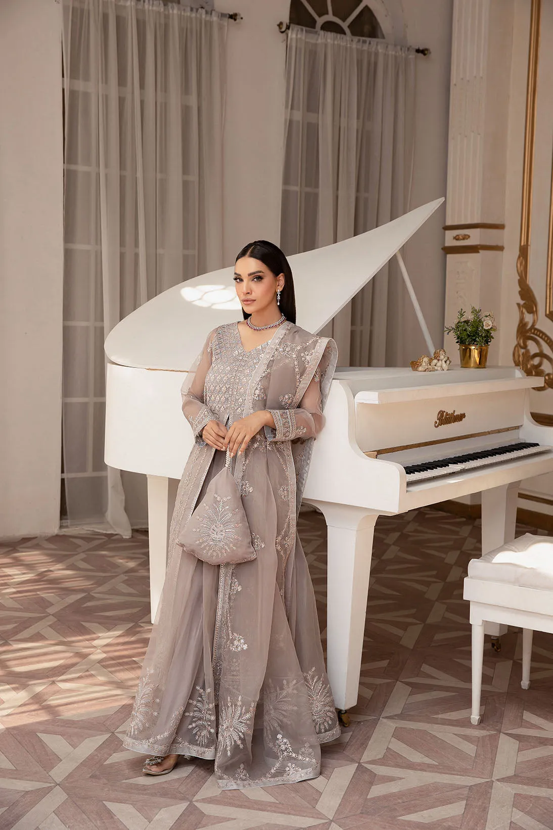 Silver Grey Heavily Embellished Gown Frock Pakistani Wedding Dress