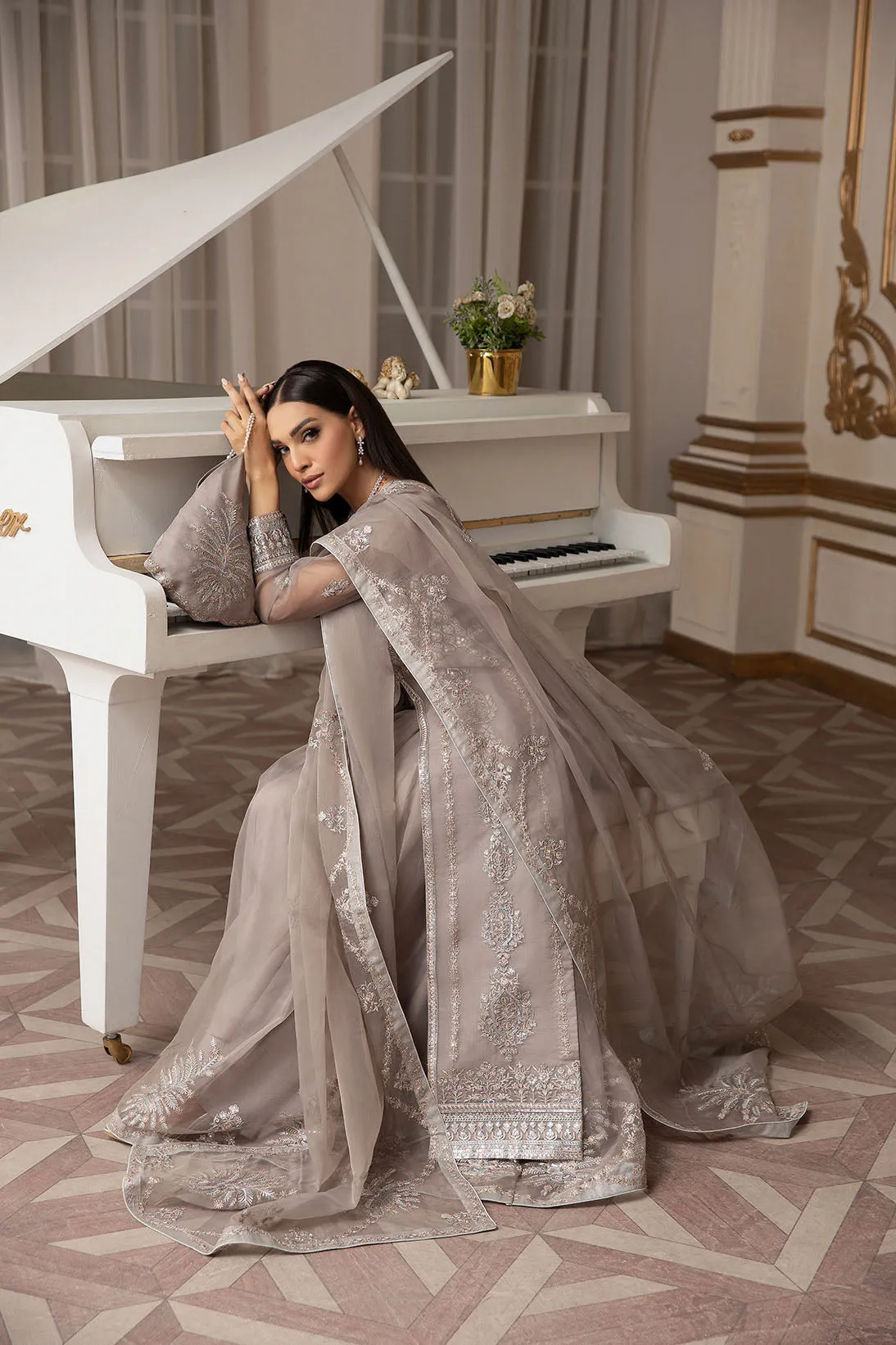 Silver Grey Heavily Embellished Gown Frock Pakistani Wedding Dress