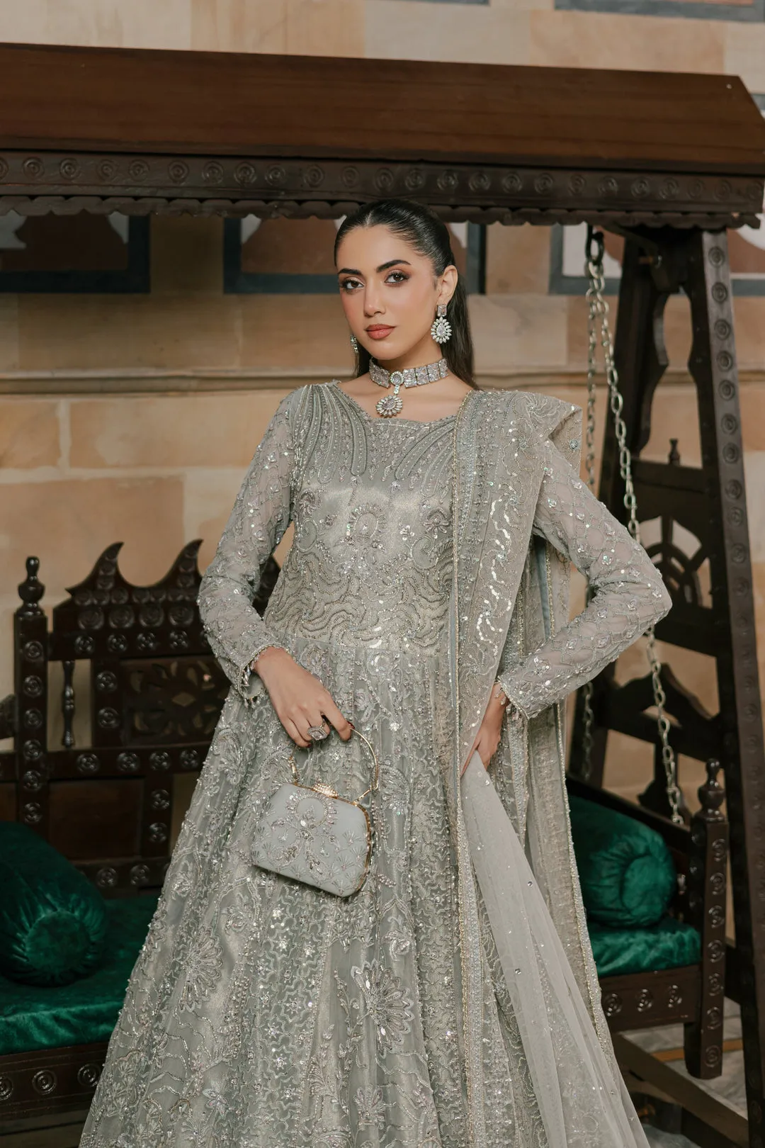 Silver Grey Queen Style Pakistani Wedding Heavily Embellished Pishwas