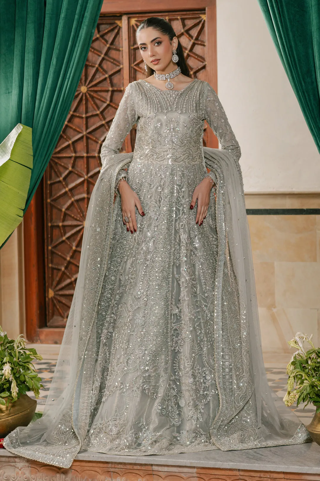 Silver Grey Queen Style Pakistani Wedding Heavily Embellished Pishwas