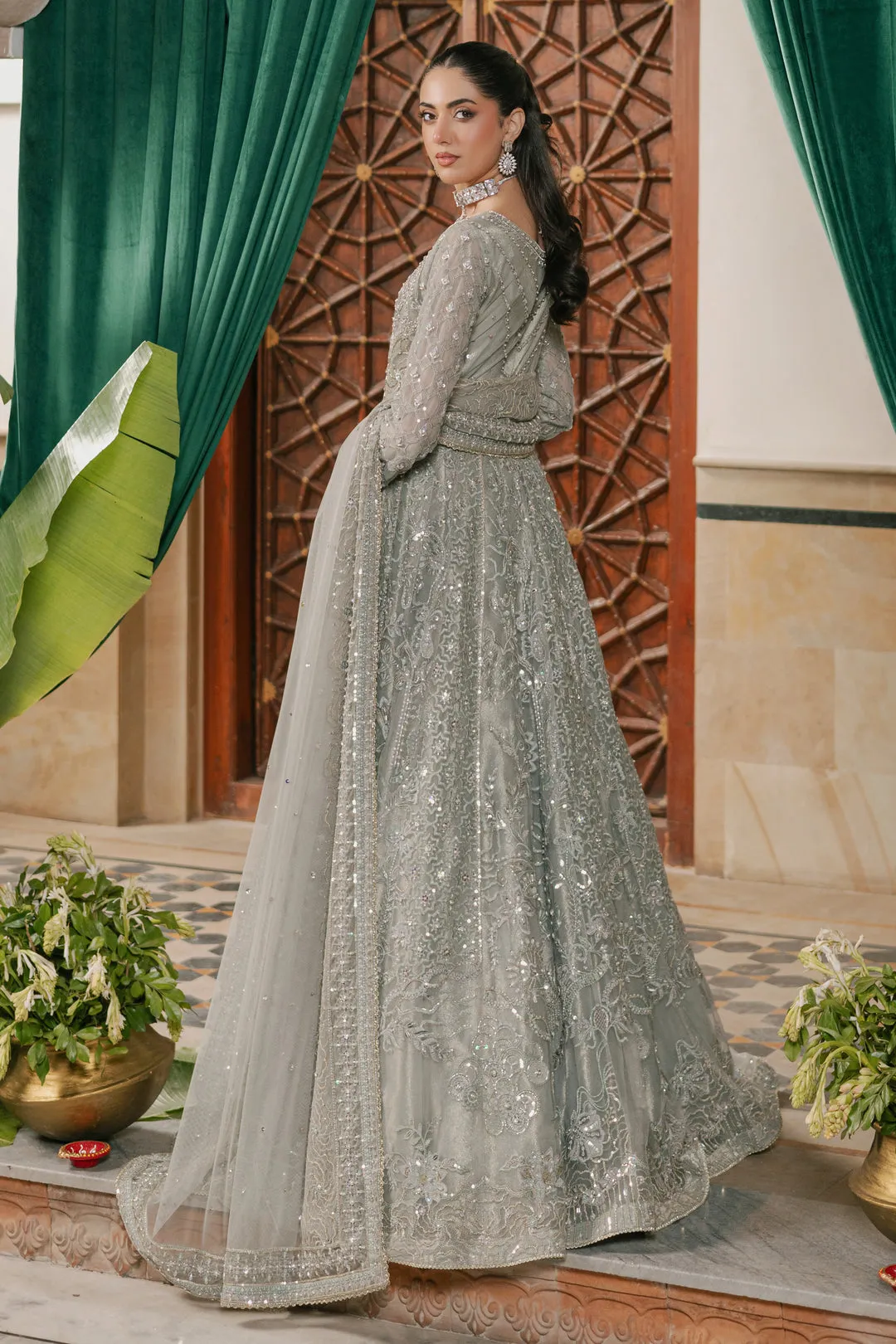 Silver Grey Queen Style Pakistani Wedding Heavily Embellished Pishwas