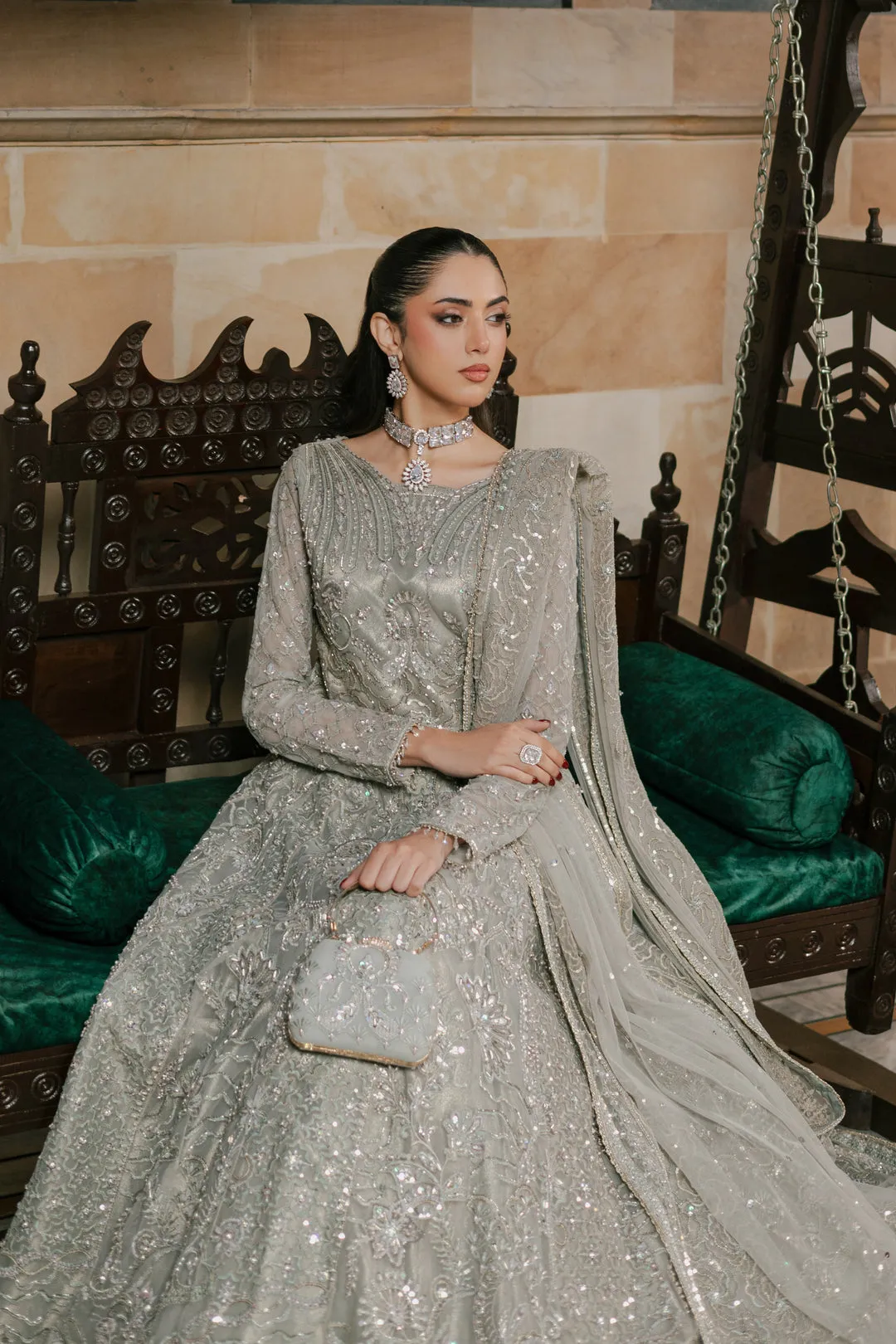 Silver Grey Queen Style Pakistani Wedding Heavily Embellished Pishwas