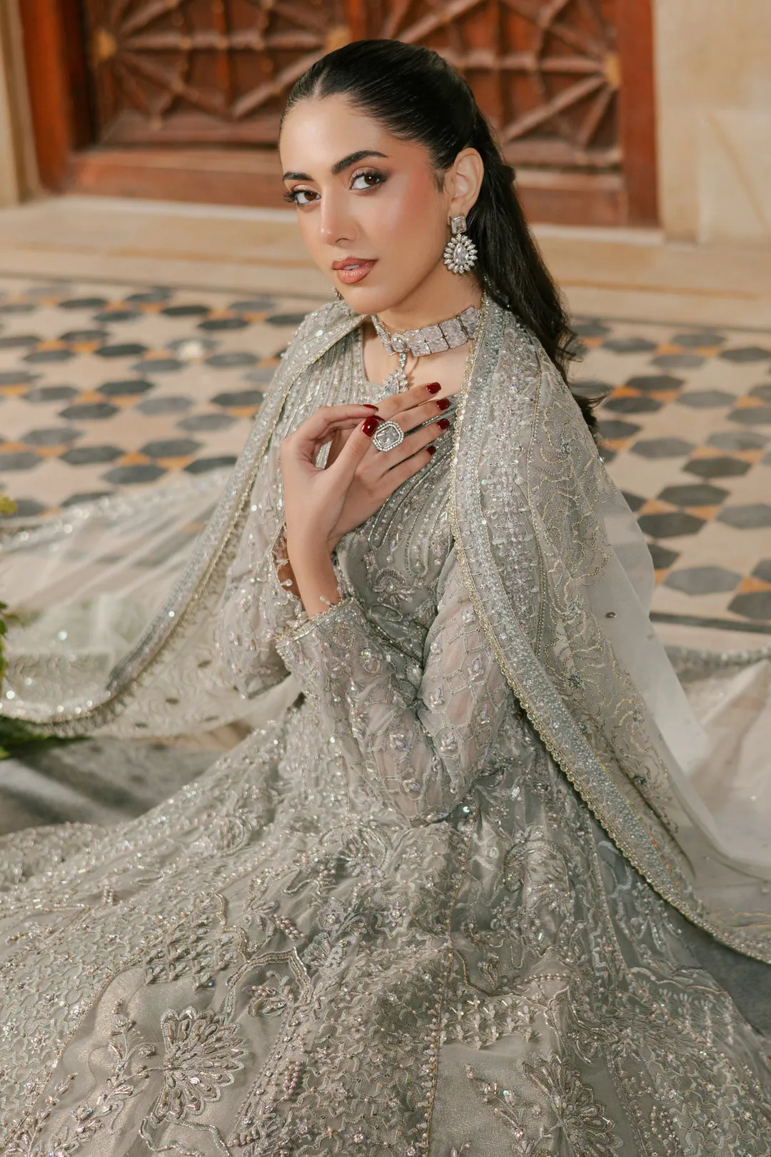 Silver Grey Queen Style Pakistani Wedding Heavily Embellished Pishwas