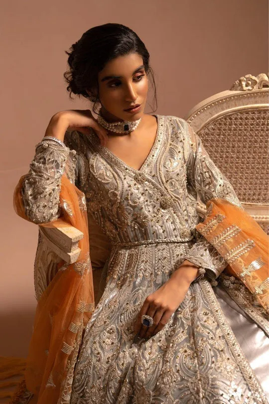 Silver Heavily Embellished Pakistani Long Pishwas Wedding Wear
