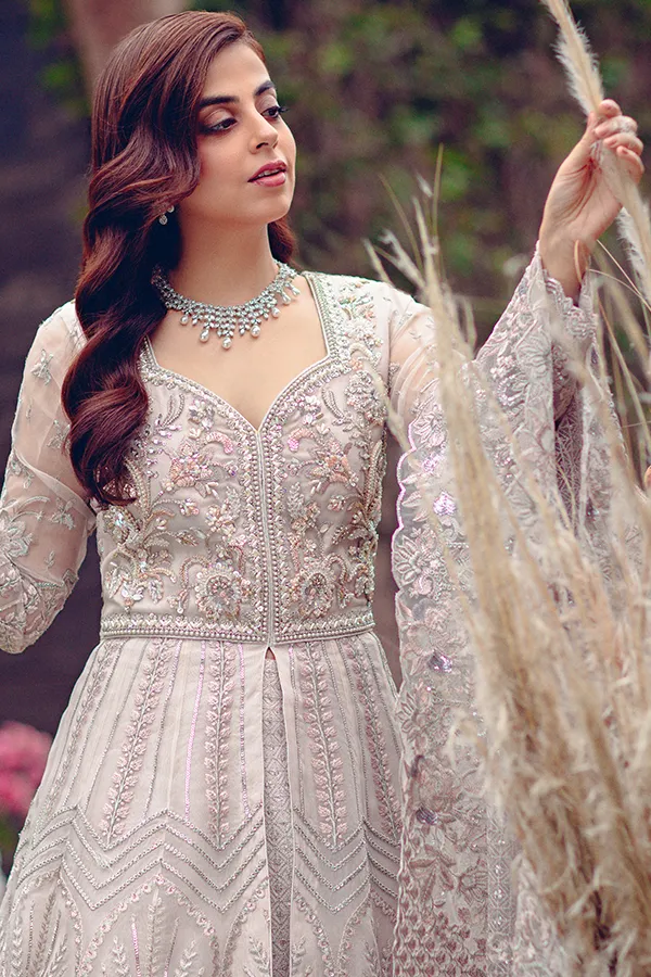 Silver Heavily Embellished Pakistani Wedding Dress in Pishwas Style