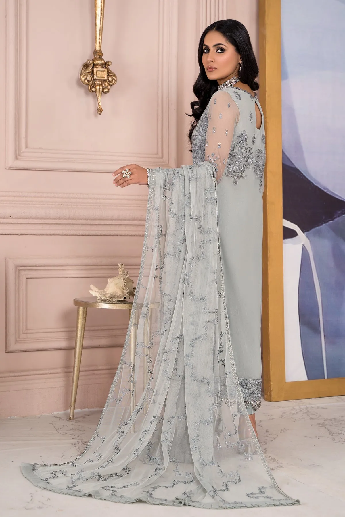 Silver Maria B Long Kameez and Capri Pakistani Embroidered Party Dress
