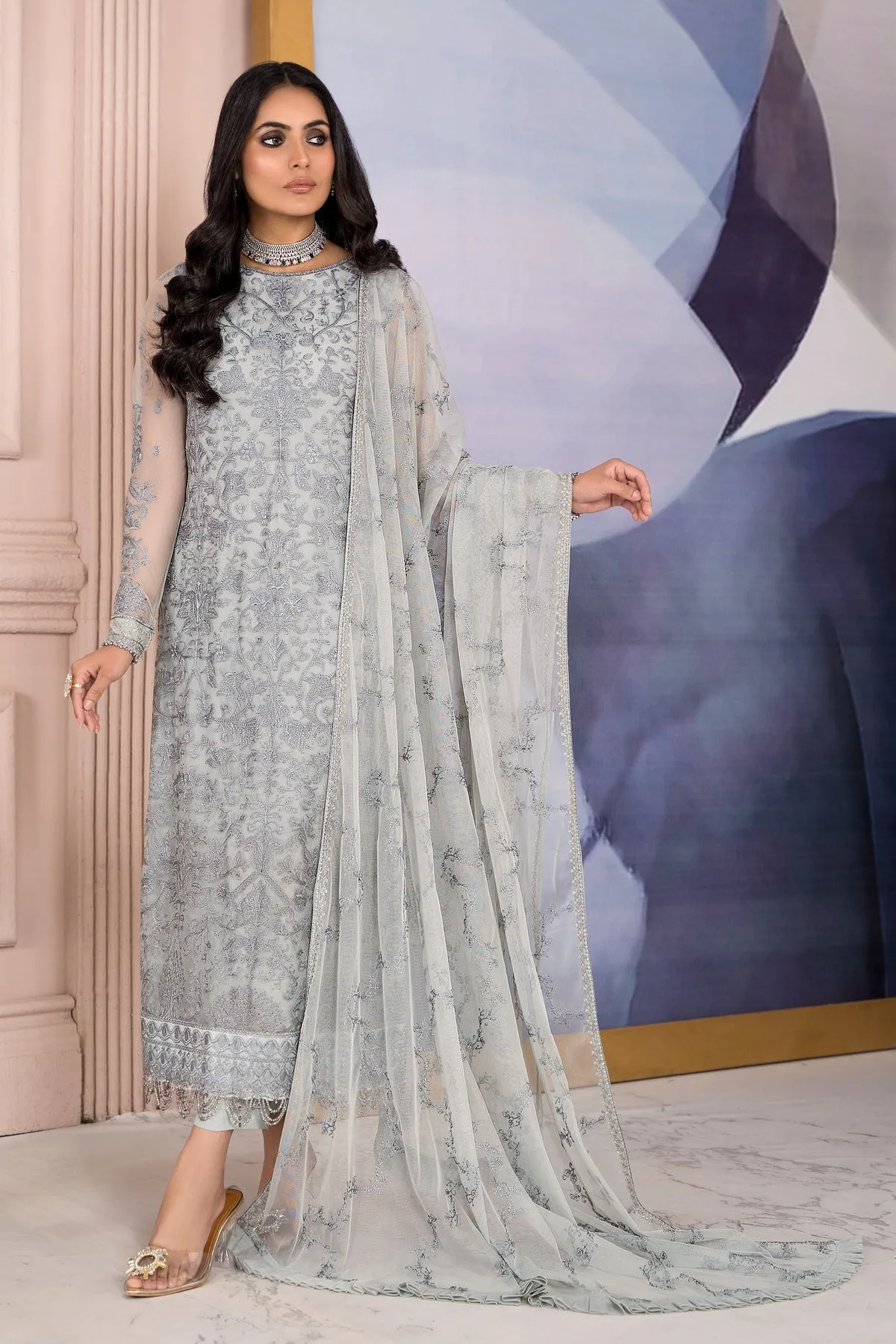 Silver Maria B Long Kameez and Capri Pakistani Embroidered Party Dress