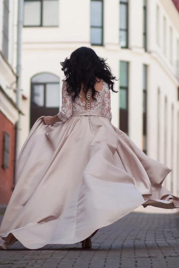 Simple Illusion Long Sleeve Satin Appliqued Plus Size Wedding Dress-715013