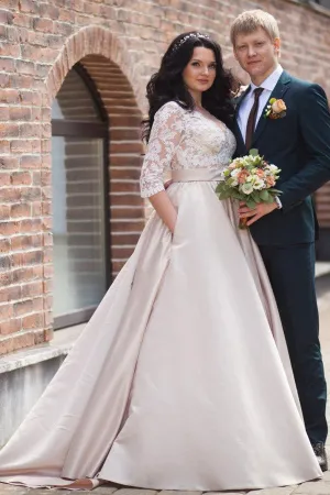 Simple Illusion Long Sleeve Satin Appliqued Plus Size Wedding Dress-715013