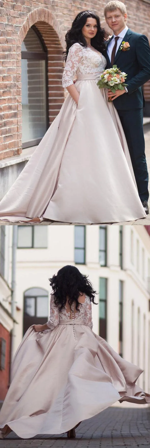 Simple Illusion Long Sleeve Satin Appliqued Plus Size Wedding Dress-715013