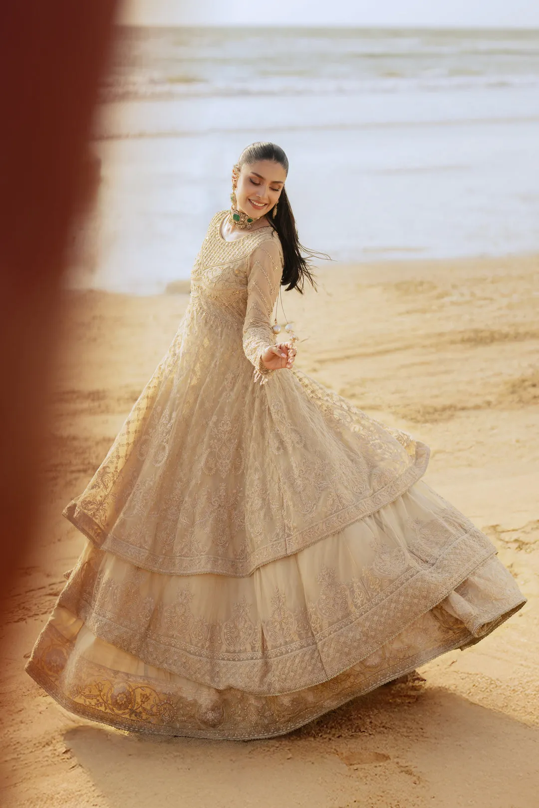 Skin Beige Floor Length Layered Pishwas Embroidered Pakistani Wedding Dress