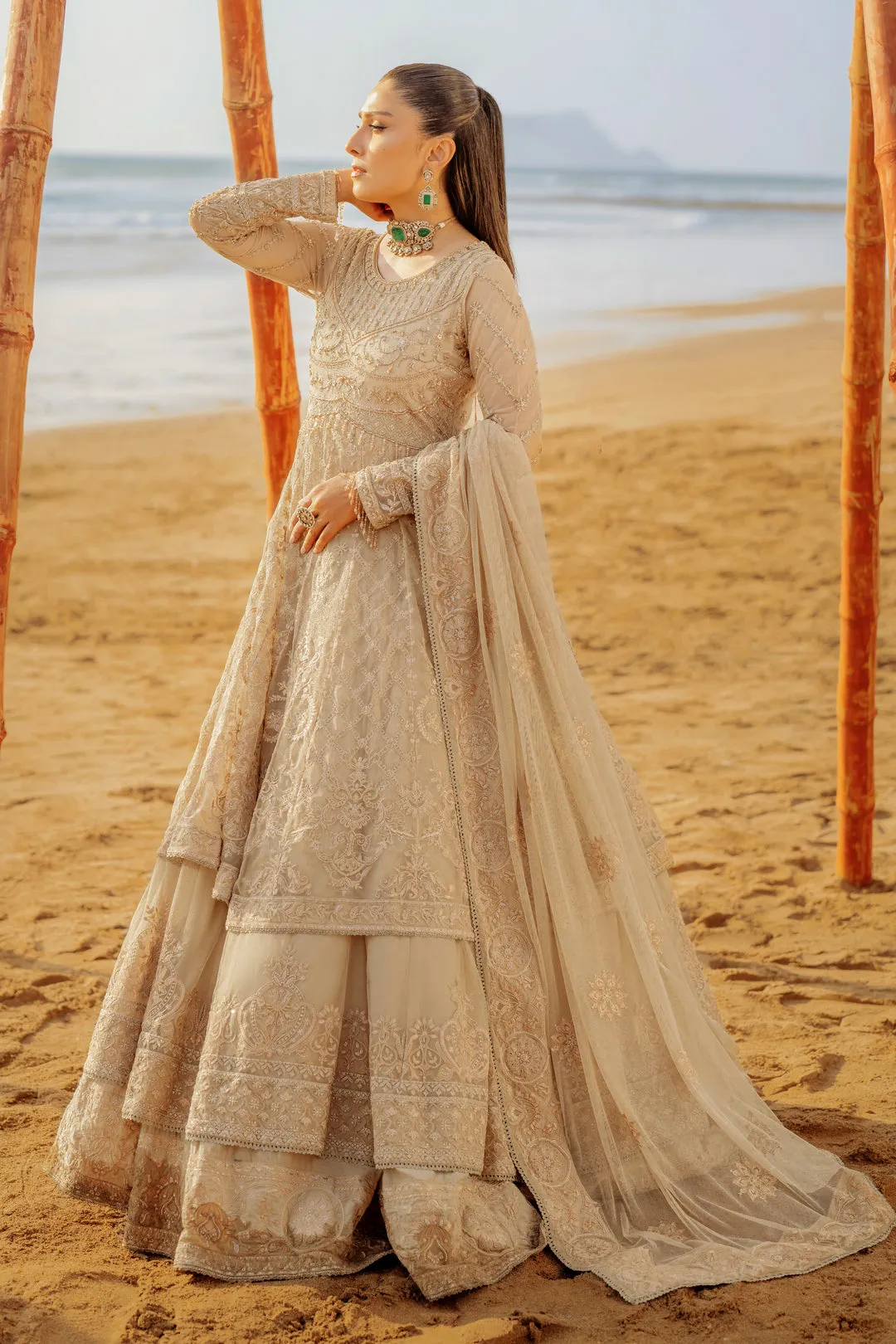 Skin Beige Floor Length Layered Pishwas Embroidered Pakistani Wedding Dress