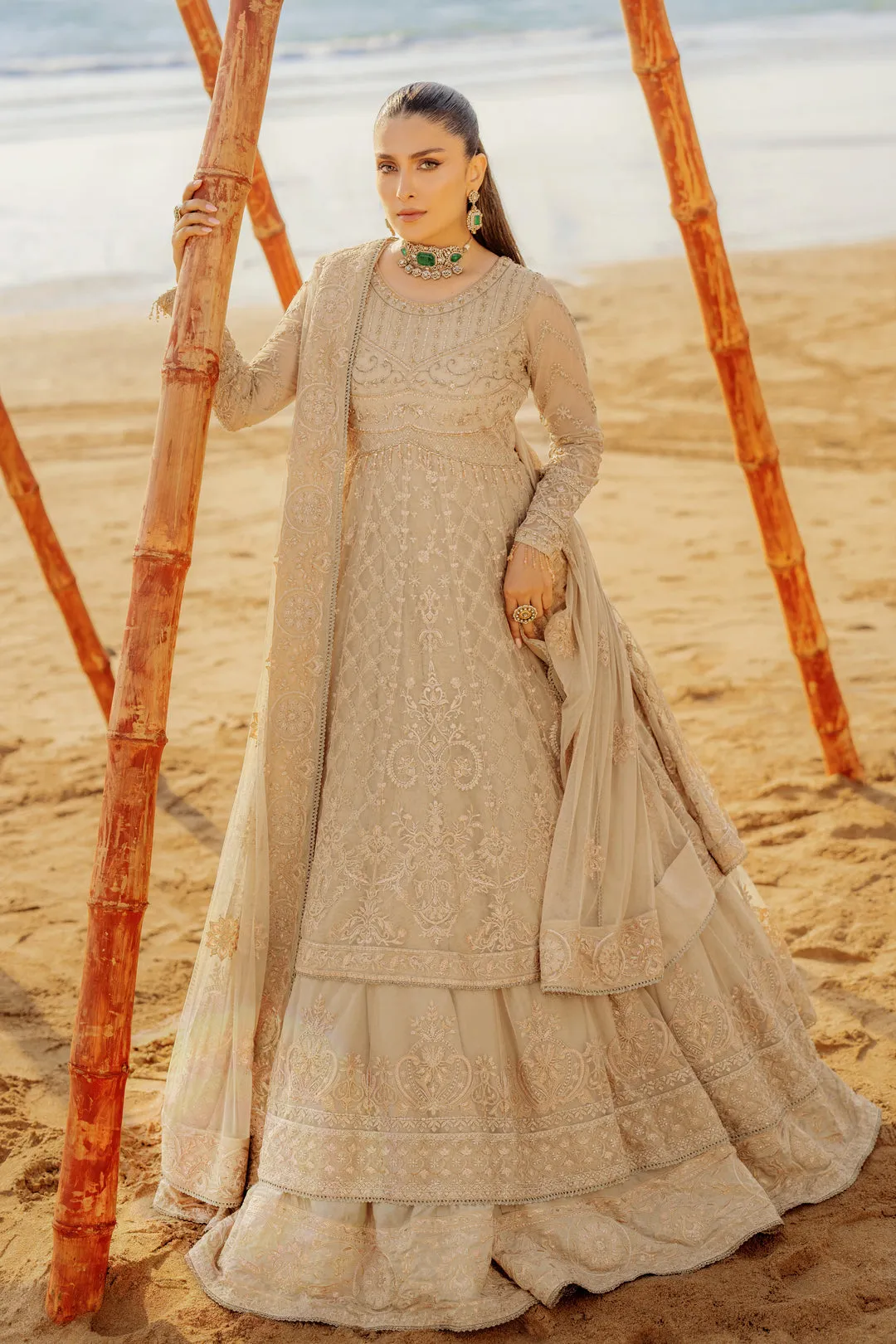 Skin Beige Floor Length Layered Pishwas Embroidered Pakistani Wedding Dress