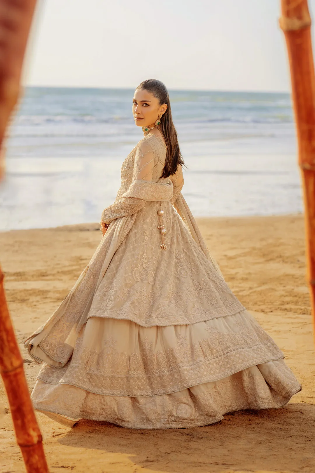 Skin Beige Floor Length Layered Pishwas Embroidered Pakistani Wedding Dress