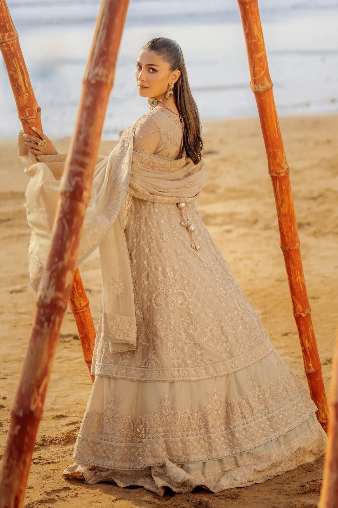 Skin Beige Floor Length Layered Pishwas Embroidered Pakistani Wedding Dress
