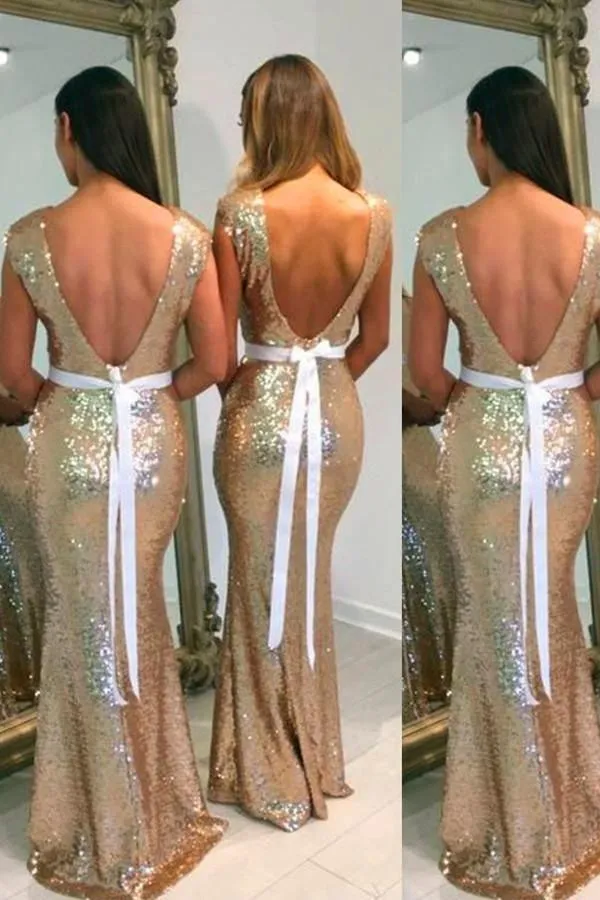 Sleeves Backless Gold Sequined Bridesmaid Dress With Sash  TY0033
