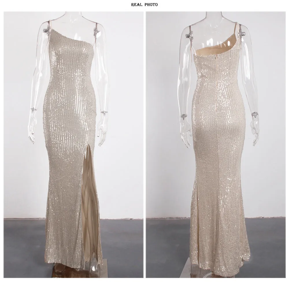 Slim Navy Blue One Shoulder Sequin Long Woman Cocktail Dress Luxury