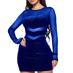 Solid Velvet Sheer Mesh Patchwork Long Sleeve Dress