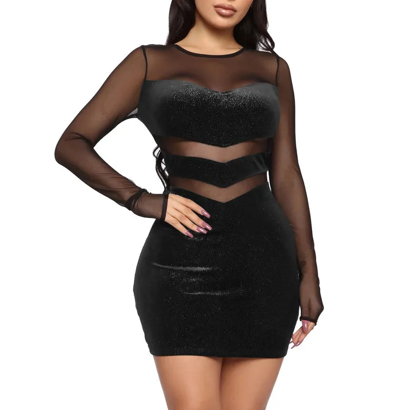 Solid Velvet Sheer Mesh Patchwork Long Sleeve Dress