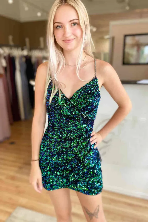 Spaghetti Straps Sequins Tight Homecoming Dresses APH0227