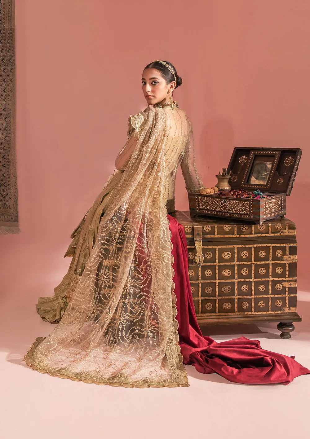 Sparkling Golden Embroidered Pishwas Lehenga Wedding Dress