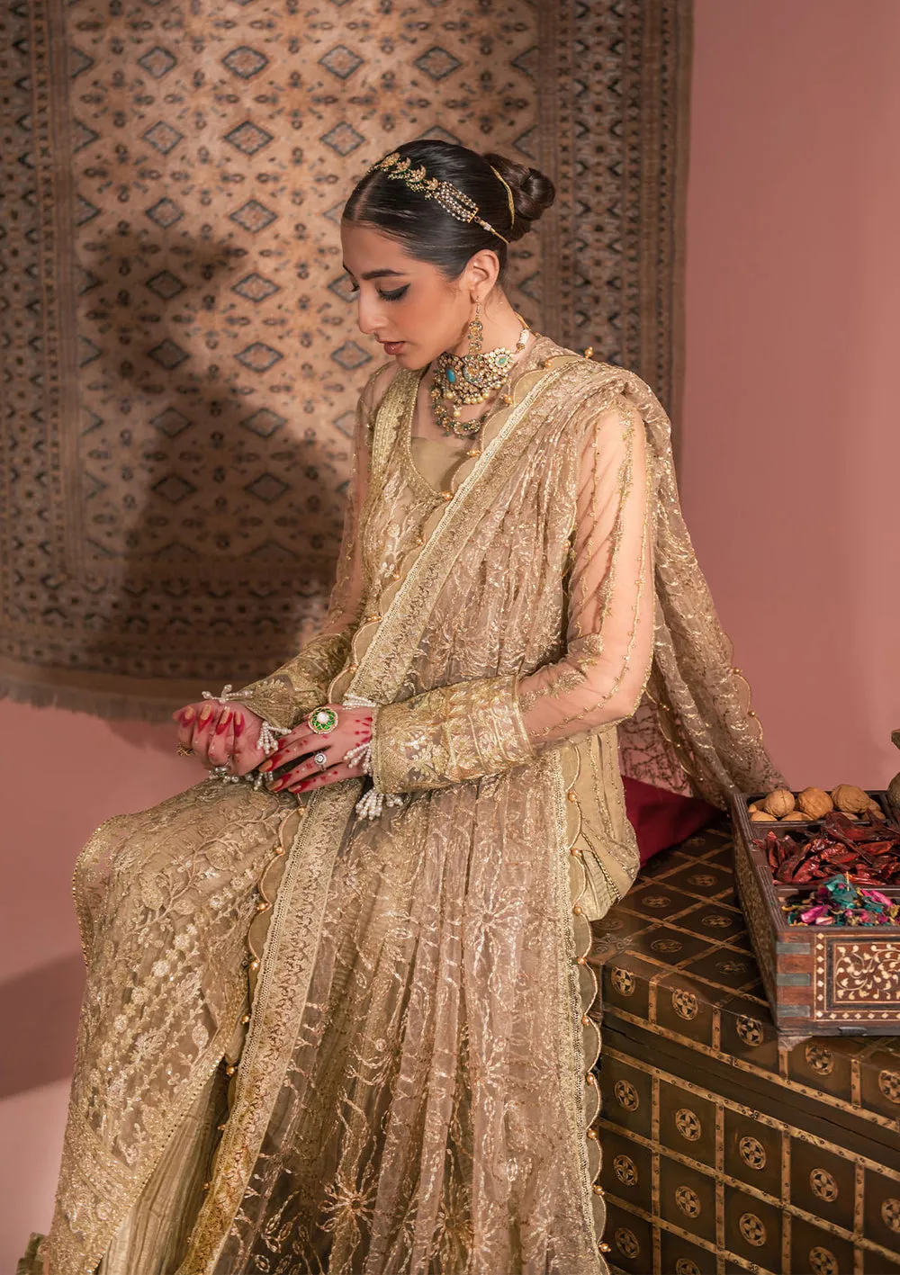 Sparkling Golden Embroidered Pishwas Lehenga Wedding Dress
