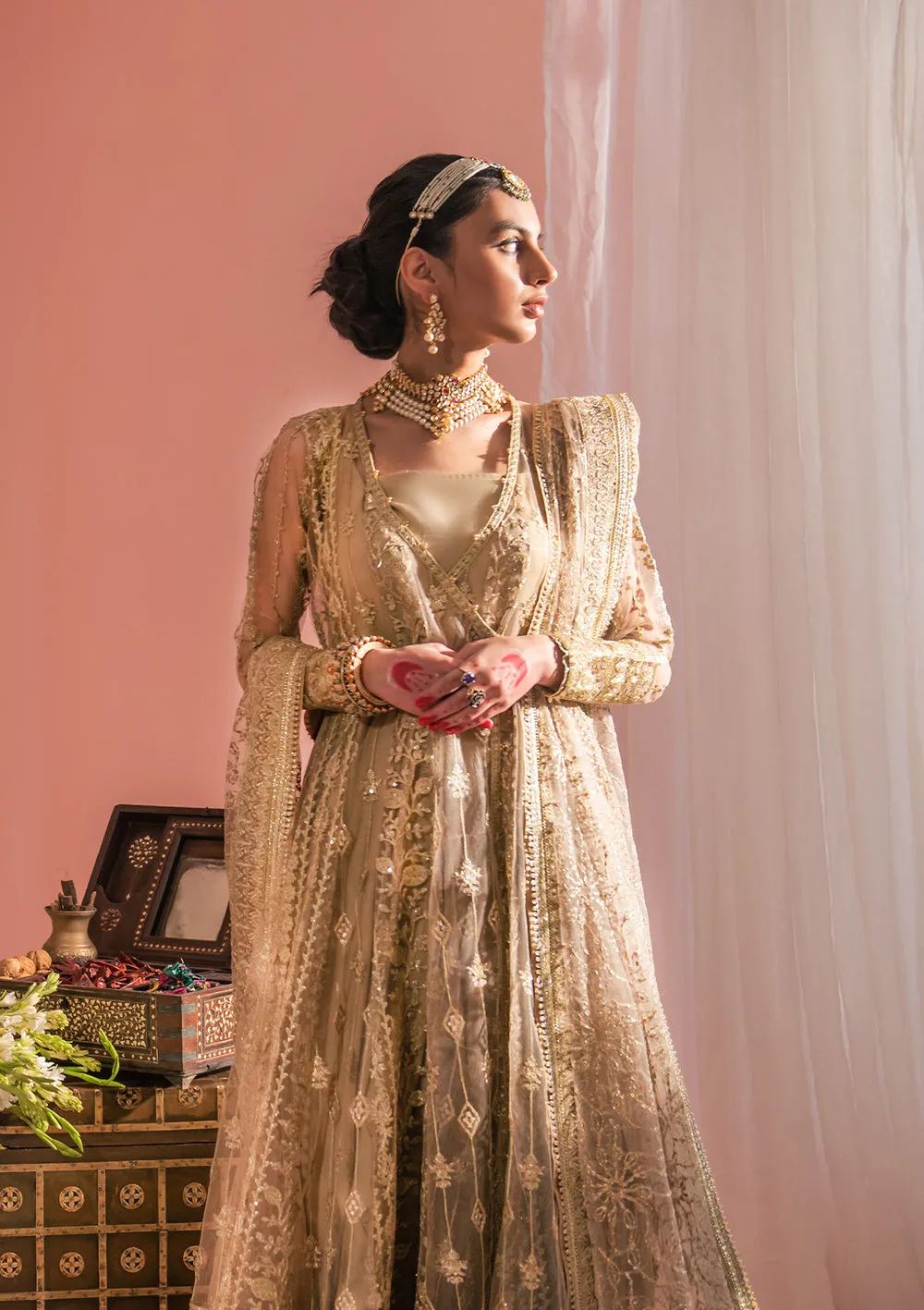 Sparkling Golden Embroidered Pishwas Lehenga Wedding Dress