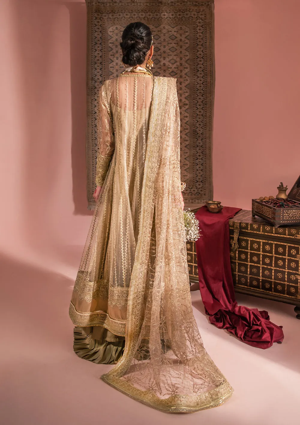 Sparkling Golden Embroidered Pishwas Lehenga Wedding Dress
